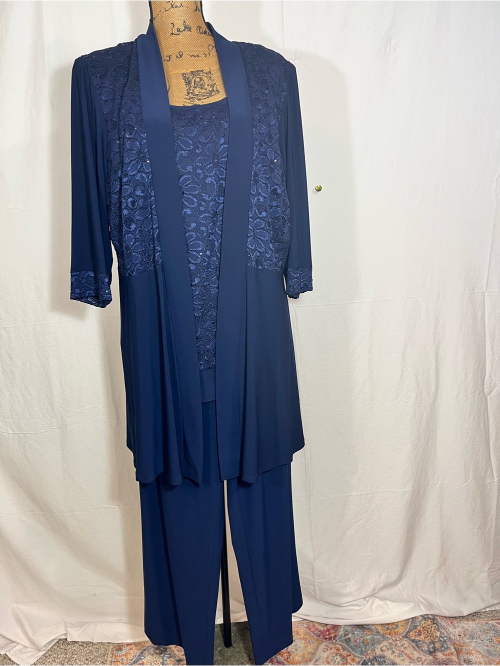 R&M Richards Navy Blue Lace Sequin 2-Pc Pantsuit Evening Formal Set 16W wedding